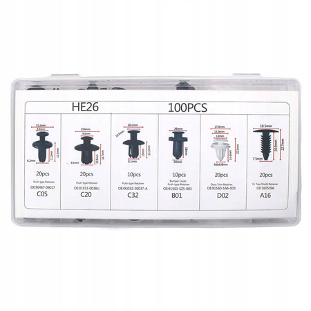 Spinki klipsy kołki samochodowe zestaw 100 szt. uniwersalny 6 rodzai