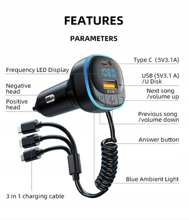 Transmiter samochodowy FM DMR car_usb_charger_3w1