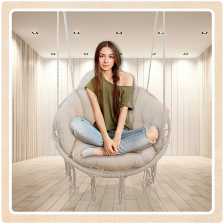 Beżowe Bocianie gniazdo huśtawka + PIKOWANA Poduszka XXL + Zestawy montażo