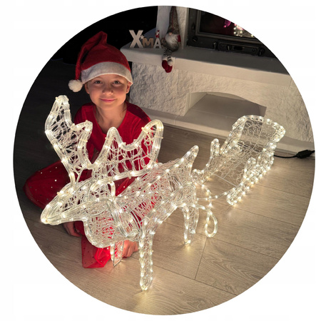 RENIFER Z SANIAMI ZAPRZĘG ŚWIECĄCY DUŻY LED 120cm 264 LED CIEPŁY BIAŁY XXL