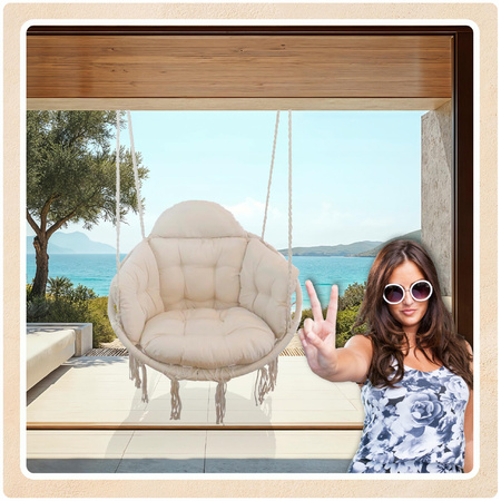 Beżowe Bocianie gniazdo huśtawka + PIKOWANA Poduszka XXL + Zestawy montażo