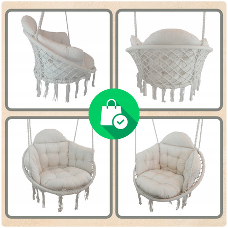 Beżowe Bocianie gniazdo huśtawka + PIKOWANA Poduszka XXL + Zestawy montażo