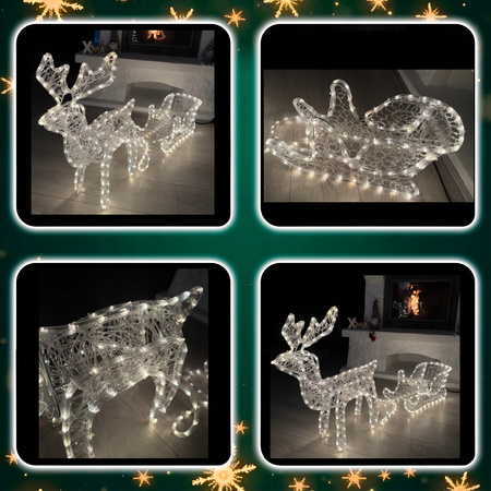 RENIFER Z SANIAMI ZAPRZĘG ŚWIECĄCY DUŻY LED 120cm 264 LED CIEPŁY BIAŁY XXL