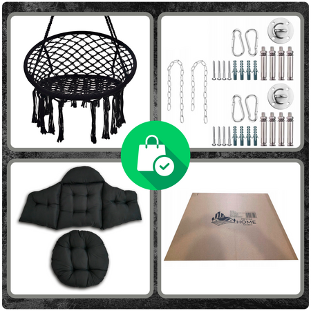 Czarne Bocianie gniazdo huśtawka + Poduszka XXL + 2x Zestaw Montażowy