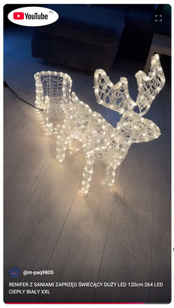 RENIFER Z SANIAMI ZAPRZĘG ŚWIECĄCY DUŻY LED 120cm 264 LED CIEPŁY BIAŁY XXL