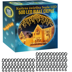 SOPLE 500 LED biały ciepły LAMPKI 23m GIRLANDA Kurtyna + 50 szt Haczyków