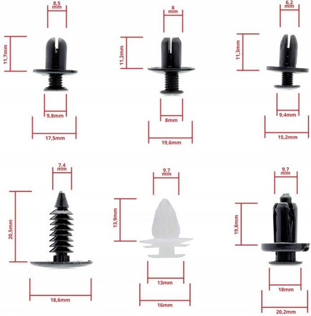 Spinki klipsy kołki samochodowe zestaw 100 szt. uniwersalny 6 rodzai