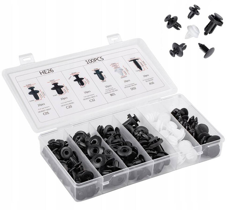 Spinki klipsy kołki samochodowe zestaw 100 szt. uniwersalny 6 rodzai