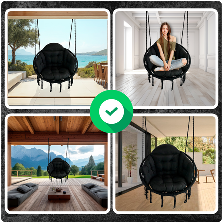 Czarne Bocianie gniazdo huśtawka + Poduszka XXL + 2x Zestaw Montażowy