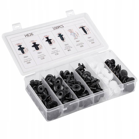 Spinki klipsy kołki samochodowe zestaw 100 szt. uniwersalny 6 rodzai