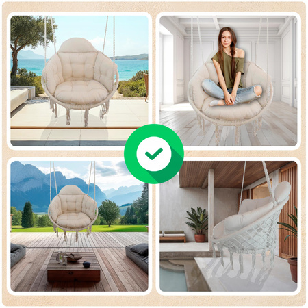 Beżowe Bocianie gniazdo huśtawka + PIKOWANA Poduszka XXL + Zestawy montażo