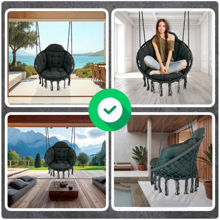 Ciemno Szara Bocianie gniazdo huśtawka + PIKOWANA Poduszka XXL + 2 Zestawy