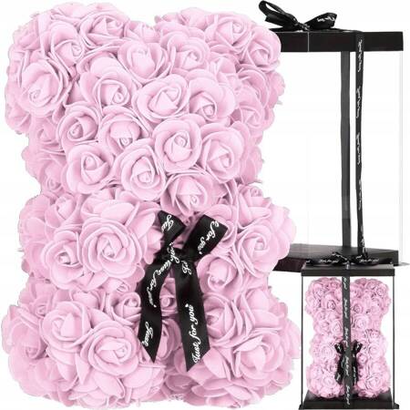 Miś z płatków róż 30cm kokarda pudełko na prezent różowy Walentynki